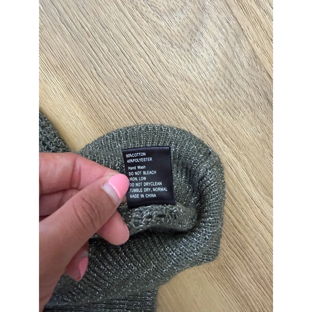 POL Olive Green Sparkle Open Knit Sweater Top Button Shoulder Boho indie M